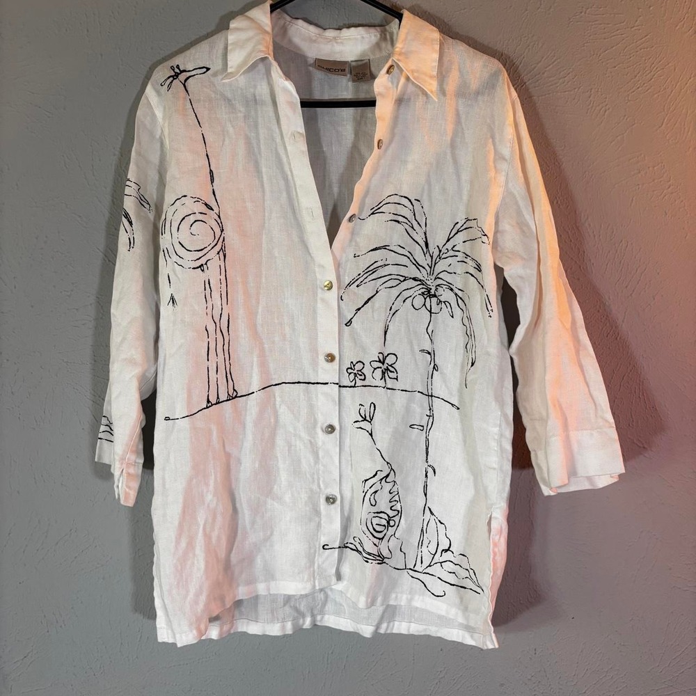 Vintage Chicos White Linen Button Up Shirt Palm Tree Design Retro Mens Large